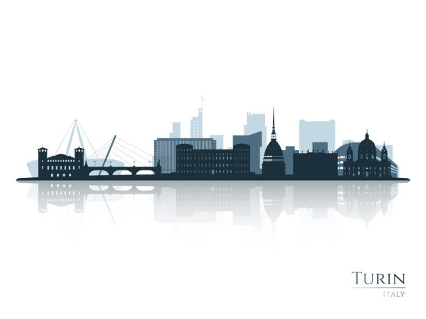 siluet cakrawala turin dengan pantulan. lanskap turin, italia. ilustrasi vektor. - turin ilustrasi stok