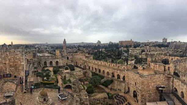 Taken from the Jerusalem wall.  The Tower of David, also known as the Citadel , is an ancient citadel located near the Jaffa Gate entrance to the Old City of Jerusalem. Byzantine Christians believed the site to be the palace of King David.