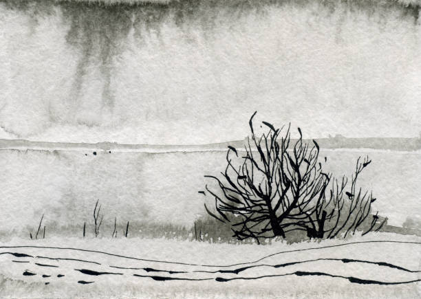 istock Black and white ink winter landscape with red trees and river. 1397754988