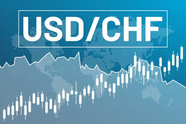 illustrations, cliparts, dessins animés et icônes de graphique de la paire de devises usd, chf sur fond financier bleu à partir de lignes, carte du monde, chandelier. concept de marché financier - graph forex decline swiss currency