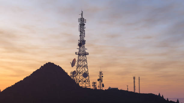 telecommunication tower with antennas at sunset - television aerial antenna television broadcasting imagens e fotografias de stock