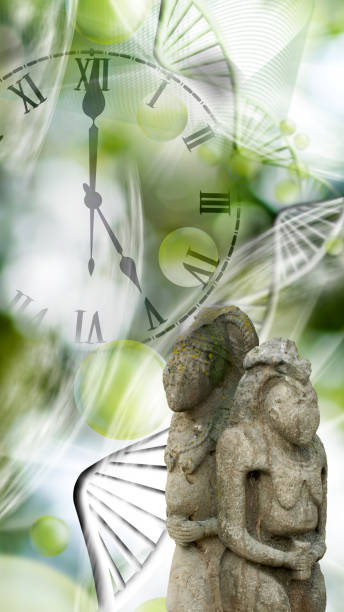 istock 3d image of ancient cult sculptures and dna chain on blurred background closup 1397757542