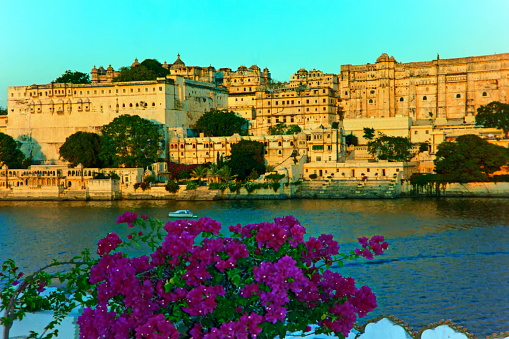 Udaipur, Rajasthan - India. October 2000: View to Udaipur's beautiful Mughal architecture City Palace, which was built at Pichola Lake from 1559 until the 19th century. It is one of the main attractions respectively polar tourist destination in Rajasthan.