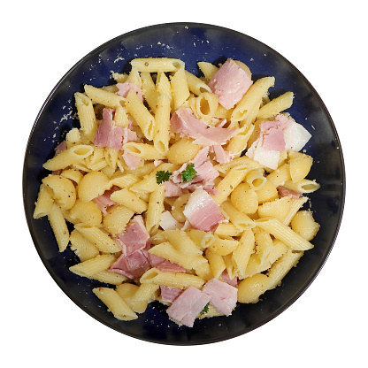 ham pasta in a bowl plate top view white background