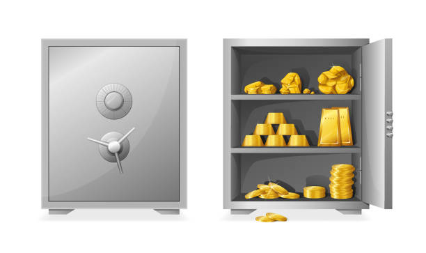 Safe with gold. Cartoon hidden golden bars. Open or closed strongbox. Money storage. Metal ingot and nugget heaps. Steel box with password lock. Wealth protection. Vector illustration Safe with gold. Cartoon hidden golden bars. Open or closed isolated strongbox. Safety money storage. Metal ingot and nugget heaps. Steel box with password lock. Wealth protection. Vector illustration stacking food containers stock illustrations