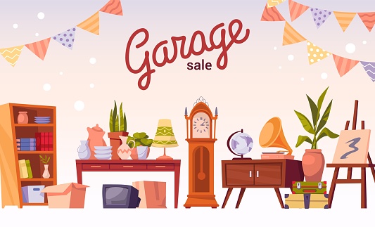 Holiday market. Bazaar sale retro banner with old furniture. Second Hand shop. Weekend store for used merchandise. Selling bookcase or ancient clock. Antique boutique. Vector garage trade frame poster