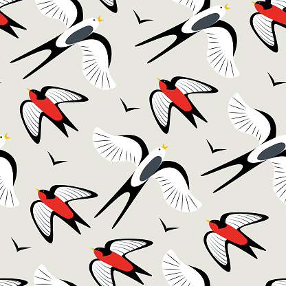 Hand drawn vector seamless pattern with swallows and swifts