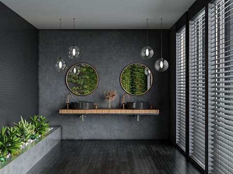 Modern Bathroom Interior With Gray Walls, Black Wash Basins, Round Mirrors, House Plants And Parquet Floor.