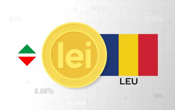 Vector illustration of Coin with the sign leu and the flag of Romania. Rise and fall chart template of exchange rate or currency exchange with precious metals