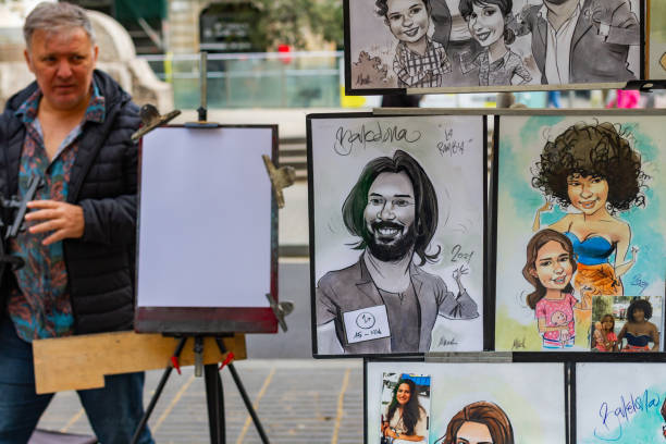 BARCELONA, SPAIN - April 10, 2022: caricature poster on the Rambla de Barcelona (Spain), vacation concept.