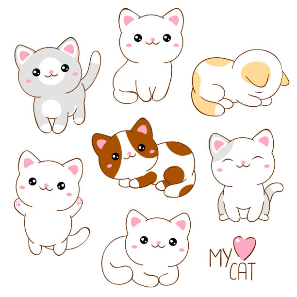 ilustraciones, imágenes clip art, dibujos animados e iconos de stock de conjunto de lindos gatos estilo kawaii. colección de gatitos encantadores en diferentes poses - kawaii