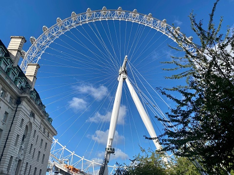 London, United Kingdom - Feb 21, 2018: London Eye in afternoon sun. The giant Ferris wheel is 135 meters tall and the wheel has a diameter of 120 meters.