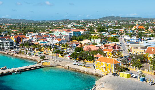 Colorful houses at the cruise port and capital city Kralendijk in Bonaire, ABC Islands, Caribbean Netherlands. Summer vacation day.