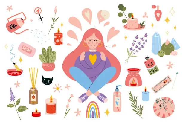 Vector illustration of Set of design elements on self-care theme. Girl with cozy items, scandinavian hygge cartoon style.  Self love, health, beauty and wellness concept.