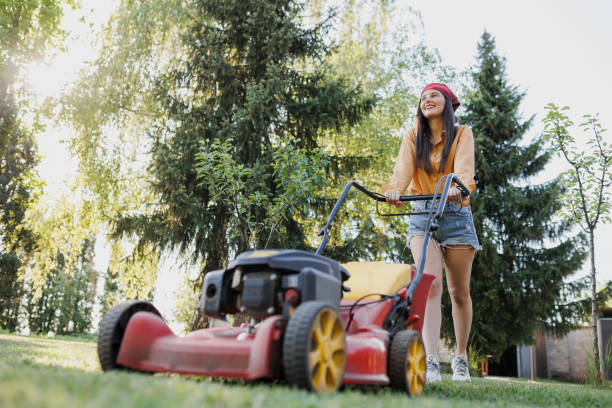 istock Young woman using a lawn mower in her backyard 1397768991