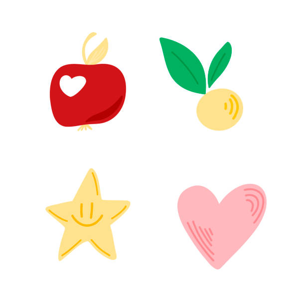illustrazioni stock, clip art, cartoni animati e icone di tendenza di set vettoriale di elementi con una mela, un cuore, una stella sorridente in stile cartone animato. - doodle sketch drawing letter