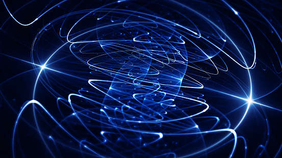 Big Data Abstract Connection Communication Innovation 5G Technology Futuristic Fiber Optic Galaxy Spiral Fantasy Planet Flowing Noise Sound Radio Wave Pattern Intertwined Glowing Star Circle Shape Synapse Funnel Flash Vitality Navy Blue Black Fractal Art Digitally Generated Image for banner, flyer, card, poster, brochure, presentation