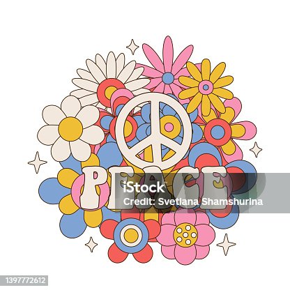 istock Peace sign and word on colorful flowers round daisy bouquet isolated on white background. Linear color vector illustration. 1397772612