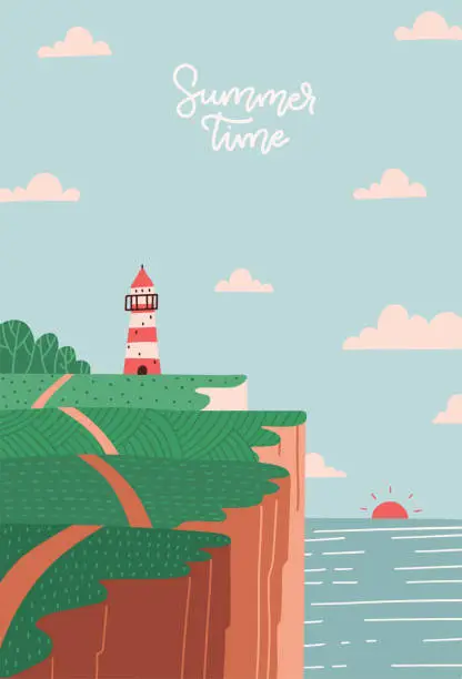 Vector illustration of Summer postcard template with Lighthouse on the bank slope, seashore landscape. Sea landscape with beacon on cliff and setting sun. Vector flat hand drawn illustration with lettering - Summer time.