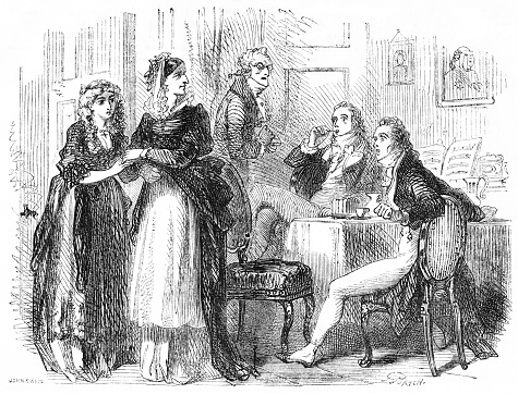 One man (seated) with family is surprised when a young woman (at the door) arrives. Wood Block Engravings published in 1860. Original edition is from my own archives. Copyright has expired and is in Public Domain.