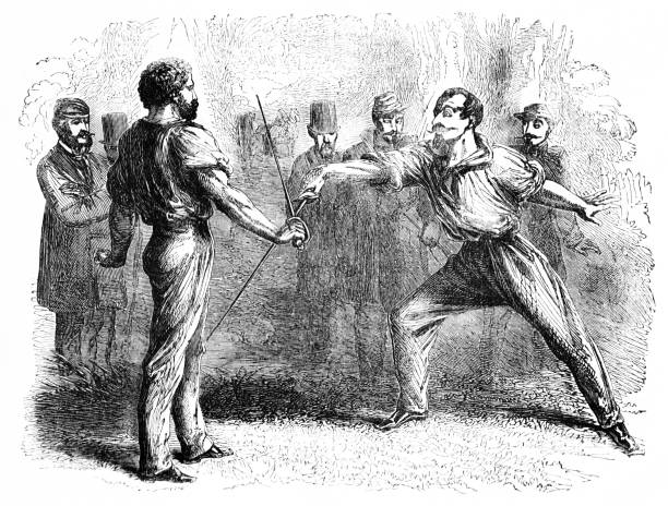 Sword Fight, Fencing Two men duel with swords. Wood Block Engravings published in 1860. Original edition is from my own archives. Copyright has expired and is in Public Domain. fencing sport stock illustrations
