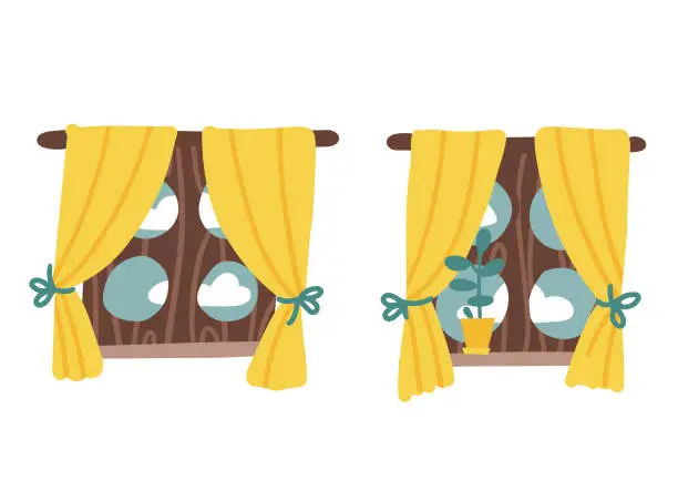 Vector illustration of Set of two isolated windows look out on the scenery, beautiful and natural. Wooden rustic window from a medieval fairy tale with yellow curtains. Cartoon flat hand drawn vector illustration.