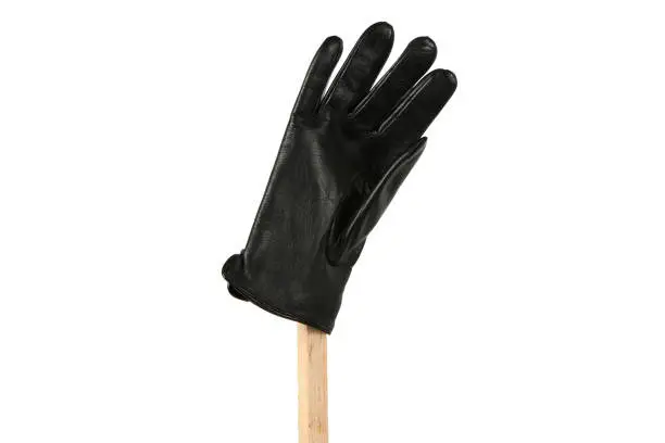 Photo of Casual leather gloves isolated on white background. Glove is put on a stick. Lost thing concept