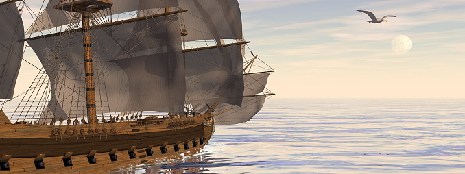 Sailboat on the dramatic open sea under the coming storm. 3D render illustration with digital painting in postprocess.