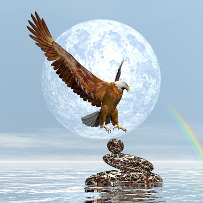Eagle landing on balanced stones by day with full moon and rainbow - 3D render