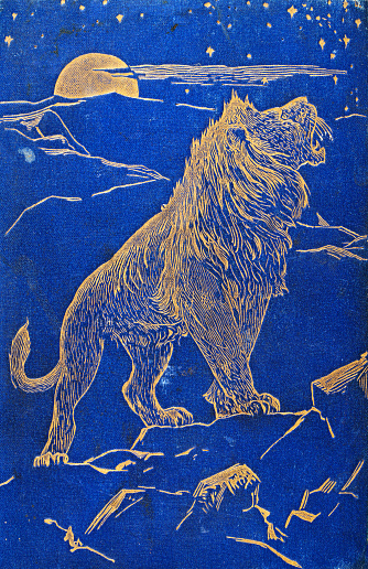 Vintage illustration, Golden lion roaring at the night sky, Victorian Wildlife Art