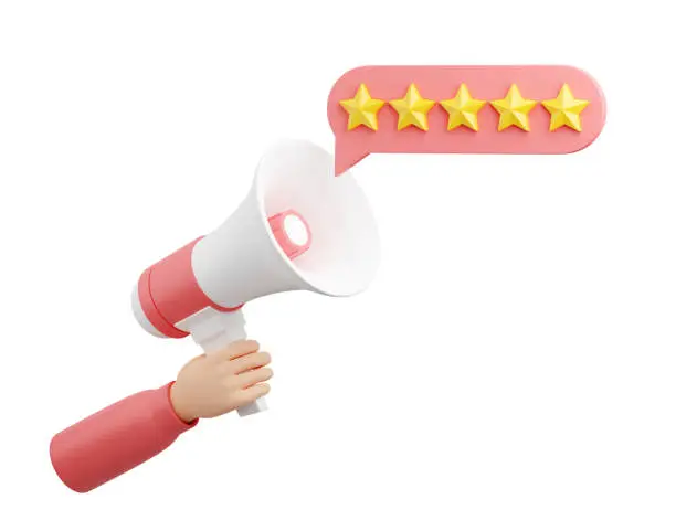 Photo of Customer review 3d render - five stars on speech bubble comes out of loudspeaker held by hand.