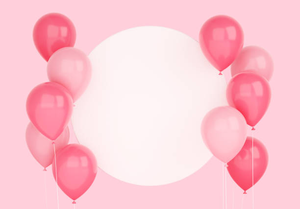 istock Glossy flying pink balloons with round white banner 3d render illustration. 1397781478