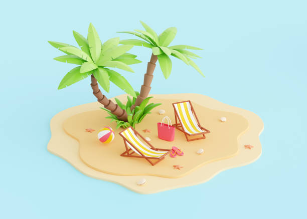 istock Summer beach vacation 3d render - cartoon tropical sandy island with palm trees and elements for coastal holiday. 1397781503