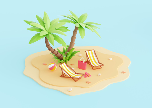 Summer beach vacation 3d render - cartoon tropical sandy island with palm trees and elements for coastal holiday. Sun loungers, ball and flip flops for relaxing in sun for couple.