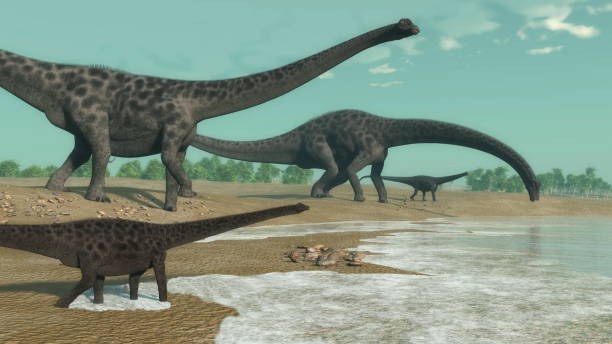 Diplodocus dinosaurs herd - 3D render stock photo
