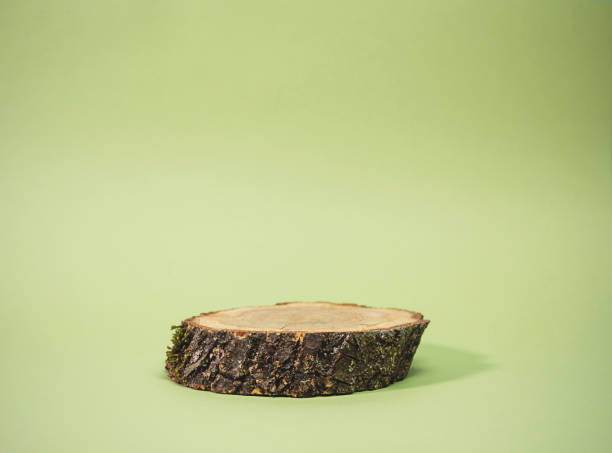 istock Wooden natural podium on a light green background. Showcase and advertisement for different products. 1397781685