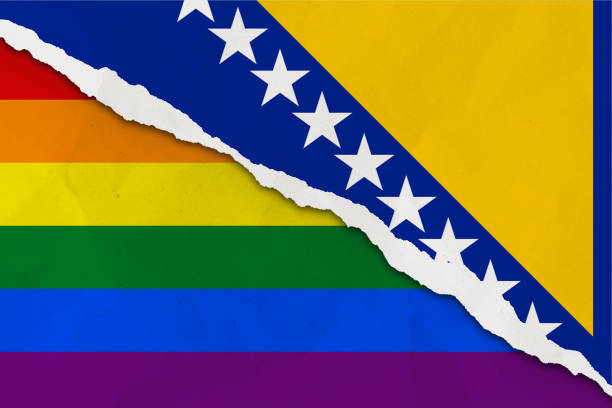 bosnien und herzegowina und regenbogenflagge zerrissen papier grunge hintergrund. konfliktbegriff und lgbt-rechte. bosnien und herzegowina vs lgbt-community-metapher. spannung und krise für bürgerrechte und gay pride, freiheit und liebeskonzept - gay man gay pride civil rights pride stock-fotos und bilder