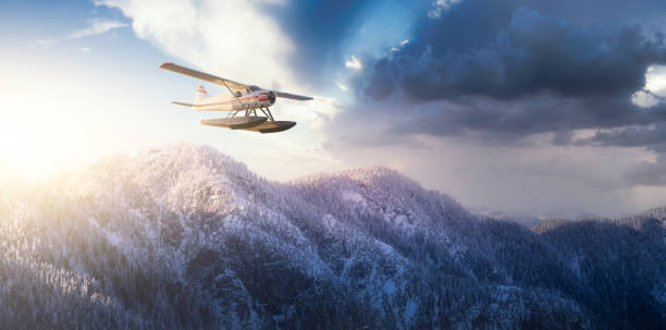Seaplane Flying over the Rocky Mountain Landscape. Adventure Composite. 3D Rendering Airplane. Aerial Background from British Columbia near Vancouver, Canada.