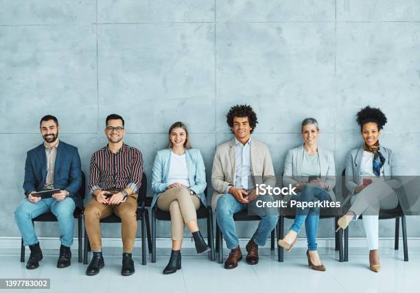 Man Business Chair Sitting Waiting Woman Businessman Candidate Recruitment Businesswoman Office Businessperson Job Young Interview Line Stock Photo - Download Image Now