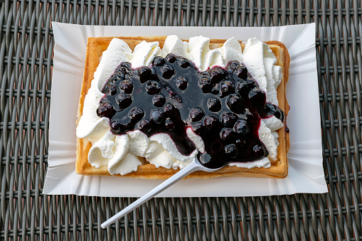 Shot on the fresh and hot waffle with whipped cream and blueberries on the paper's plate.