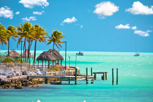 turkusowe nabrzeże florida keys w marathon na florydzie - public building blue nautical vessel coastline zdjęcia i obrazy z banku zdjęć