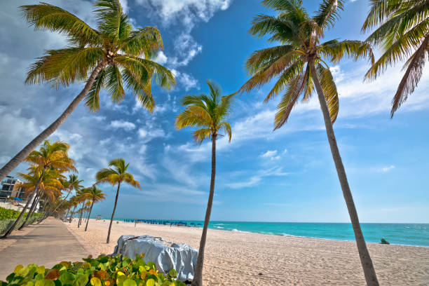 ターコイズブルーの砂浜とハリウッドのウォーターフロント、フロリダの景色 - fort lauderdale florida beach lifeguard ストックフォトと画像