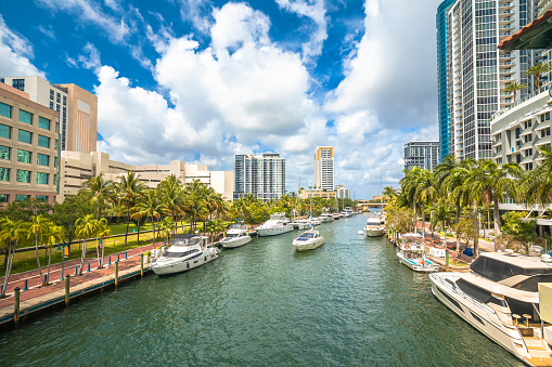 Fort Lauderdale riverwalk and yachts view, south Florida