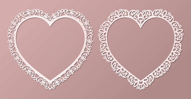 ilustrações de stock, clip art, desenhos animados e ícones de laser cut paper lace frames in the shape of heart, vector illustration. ornamental cutout photo frame with pattern. element for wedding invitation and valentine greeting card. - vector valentine card craft valentines day