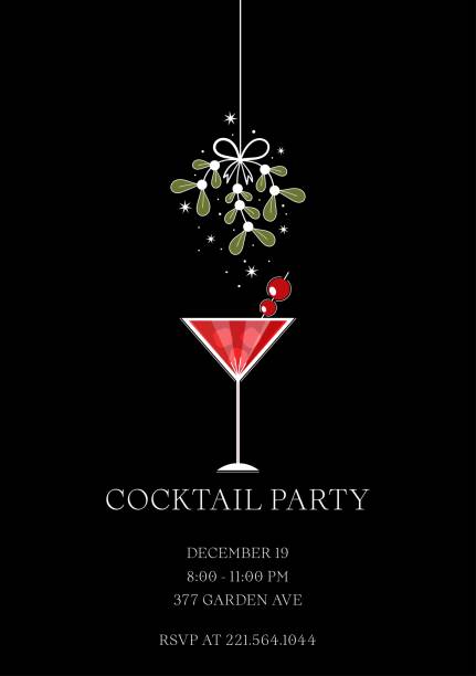 Christmas Cocktail party invitation. Holiday card, flyer. Bunch of mistletoe and martini glass. Vector illustration. Eps 10. mistletoe stock illustrations