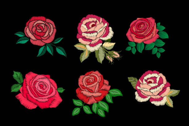 istock Roses embroidery set on black background. Red and pink roses collection. 1397785668