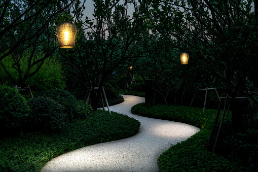 vintage lamps illuminated  footpath in the tranquil park at night.