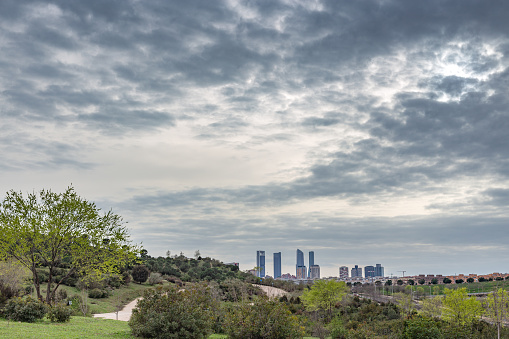 Madrid, Spain. March 26 2022. View of Madrid sky line from Valdebebas park on cloudy day