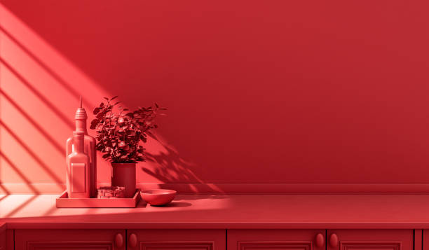 istock Stylized single color red kitchen counter and everyday utensils in morning sunlight. 1397787970