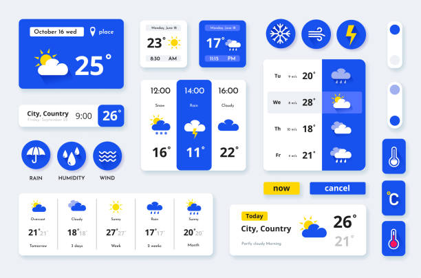 날씨 앱 위젯. 화면에 대한 ui 아이콘입니다. 주 또는 일 예보. 온도 그래픽이있는 모바일 기상학. 구름, 태양 및 비. 응용 프로그램 인터페이스 요소가 설정됩니다. 벡터 템플릿 - thunderstorm rain sun lightning stock illustrations